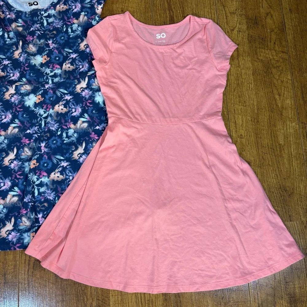 SO Girl’s Skater Dress Play Size L 10 12 Blue Floral & Solid Coral Cotton Blend